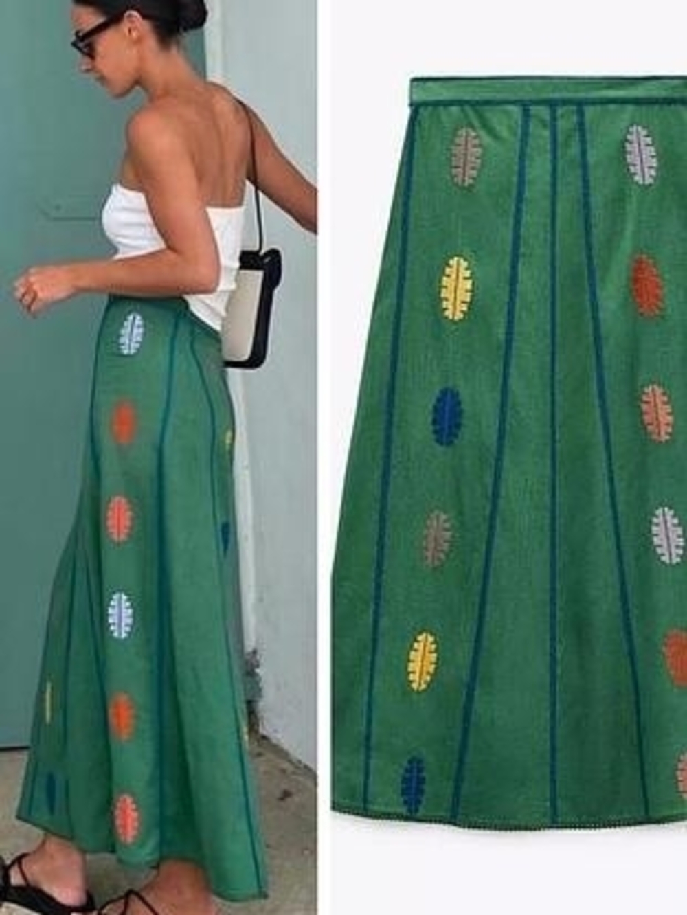 Zara Green Linen Blend Embroidered Maxi Skirt Size S